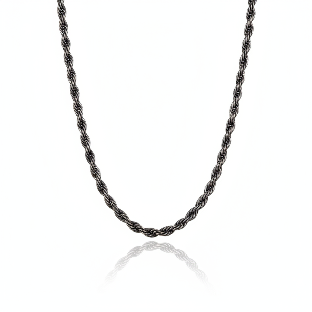 Men’s oxidized stainless steel rope chain necklace with twisted links
