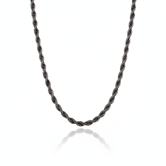 Men’s oxidized stainless steel rope chain necklace with twisted links