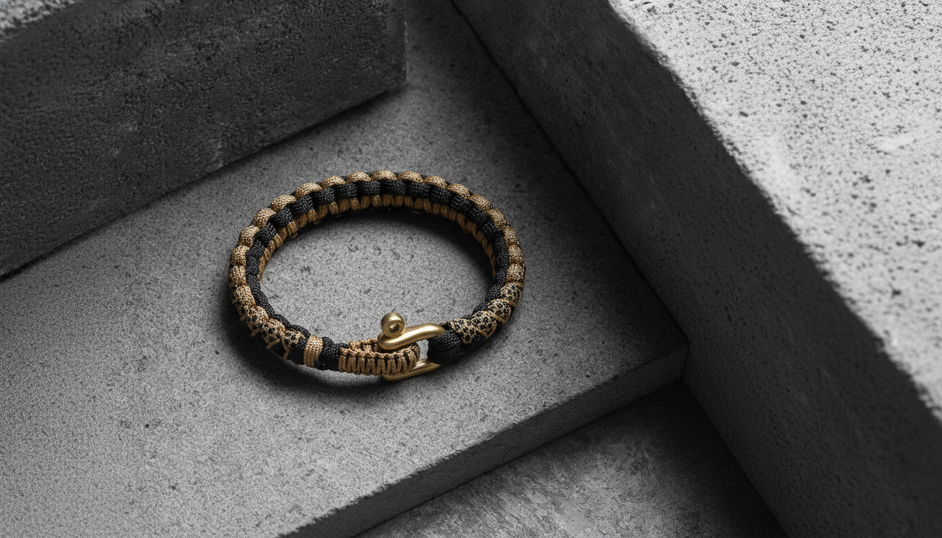 Men’s paracord bracelet with gold clasp, rugged minimalist design in black and tan tones, luxury wrist accessory – AEXON SMITH