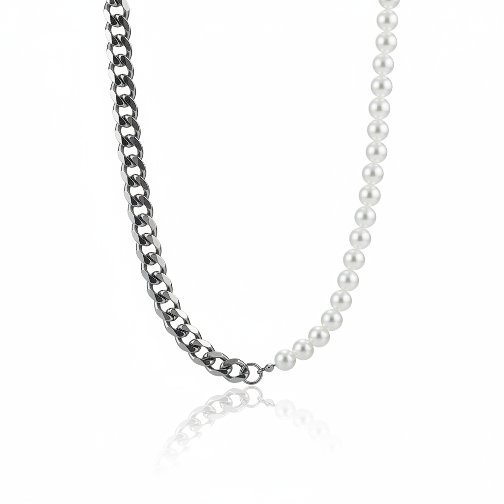 Half pearl half Cuban chain necklace for men made from stainless steel