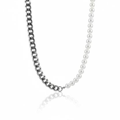 Half pearl half Cuban chain necklace for men made from stainless steel