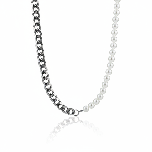 Half pearl half Cuban chain necklace for men made from stainless steel
