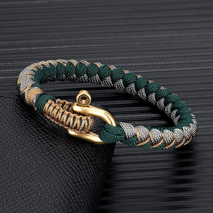 men's green and grey braided rope bracelet with U shape gold shackle