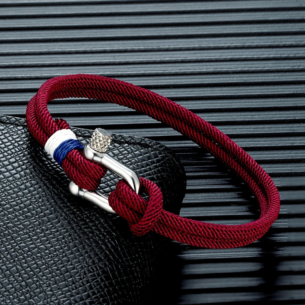 men's rope bracelet with stainless steel shackle clasp