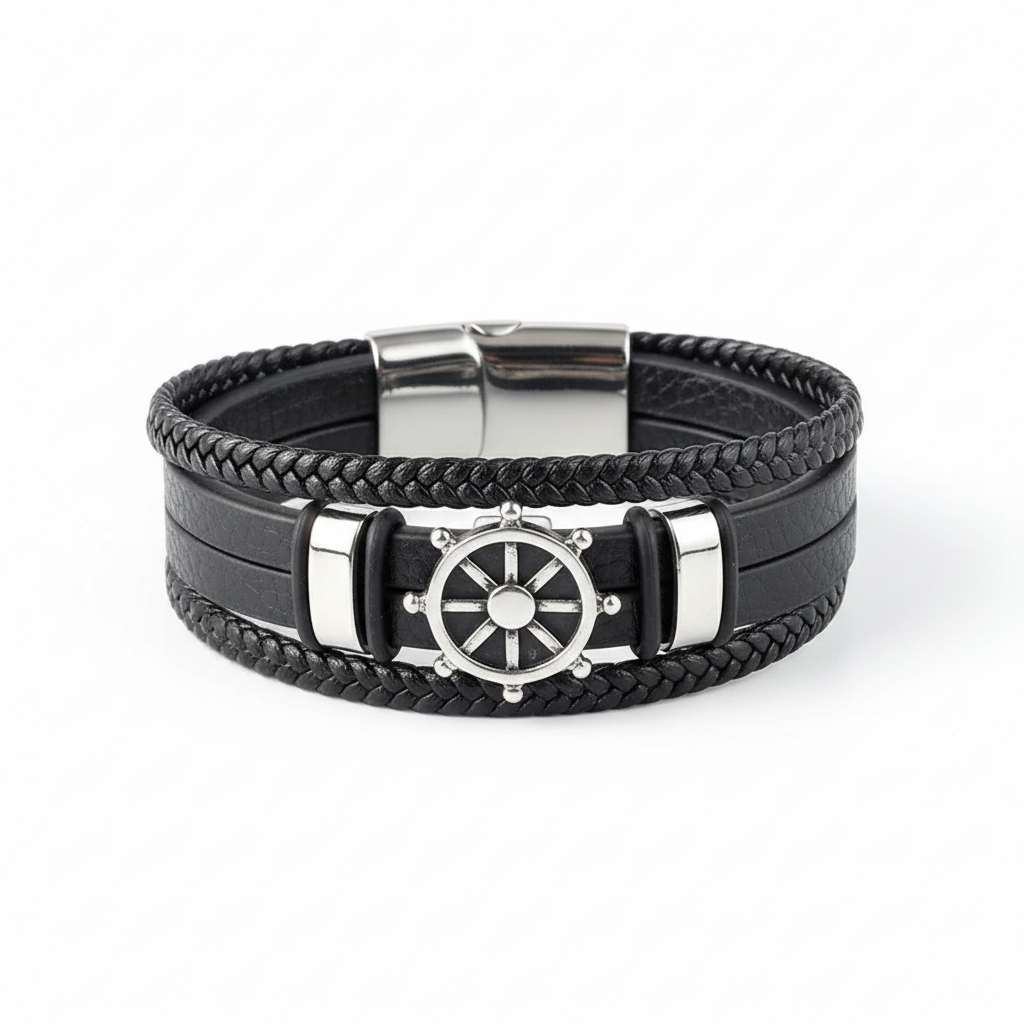 men's black leather bracelet with ship wheel nautical centerpiece