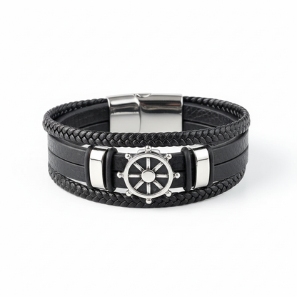 men's black leather bracelet with ship wheel nautical centerpiece