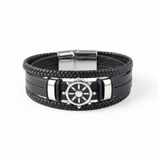 men's black leather bracelet with ship wheel nautical centerpiece