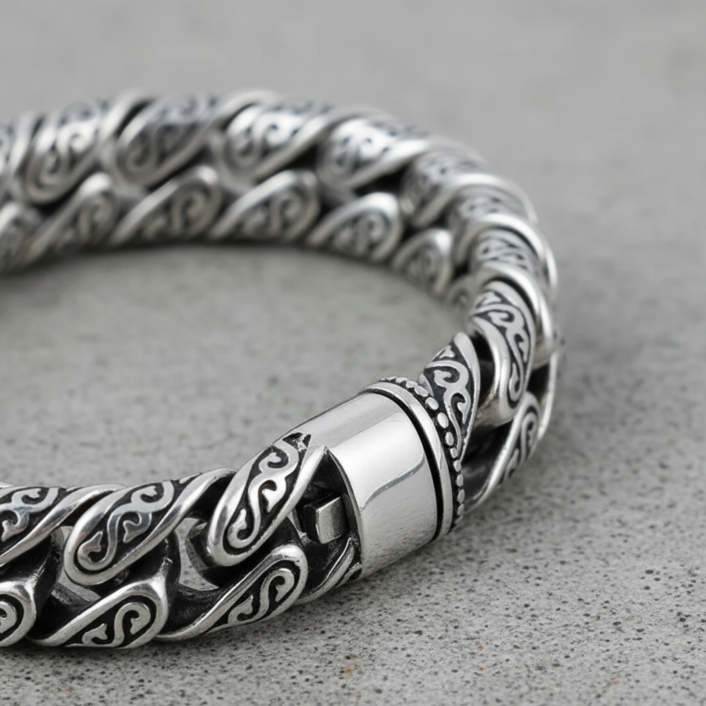 men's 925 sterling silver chain bracelet with engraved links