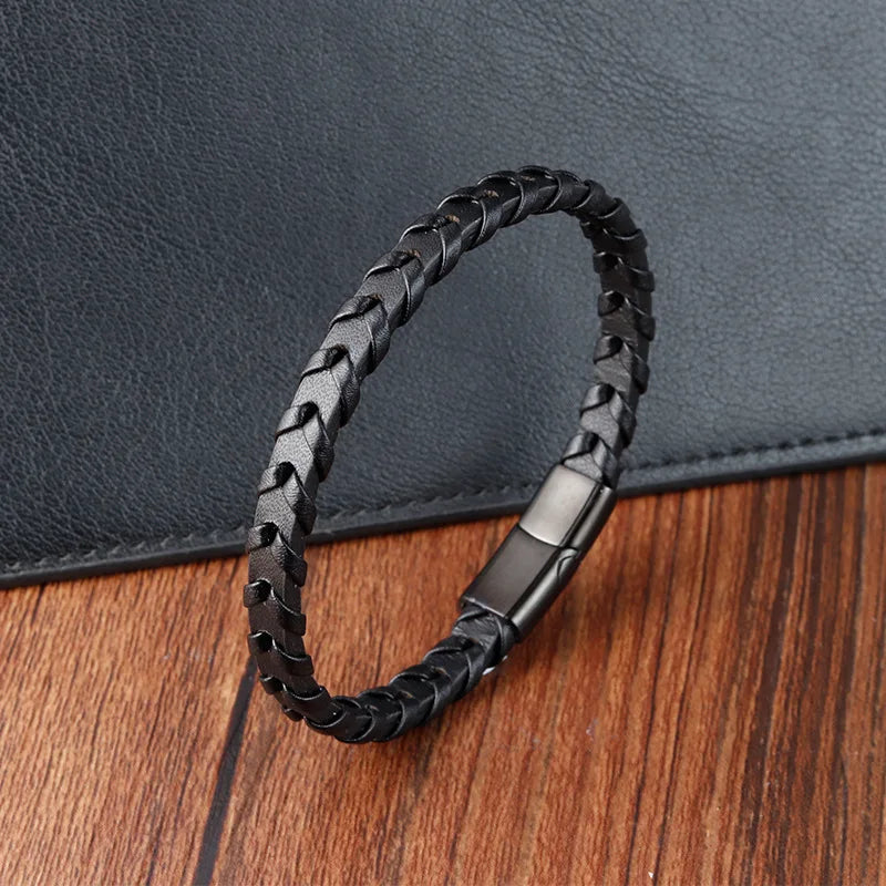 simple men's braided leather bracelet with matte clasp
