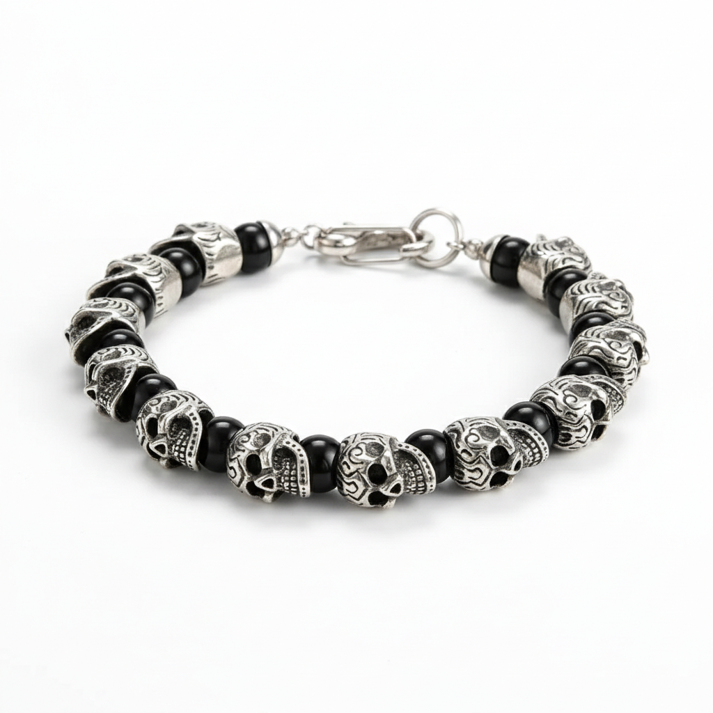 men's skull bead stainless steel bracelet with black stones