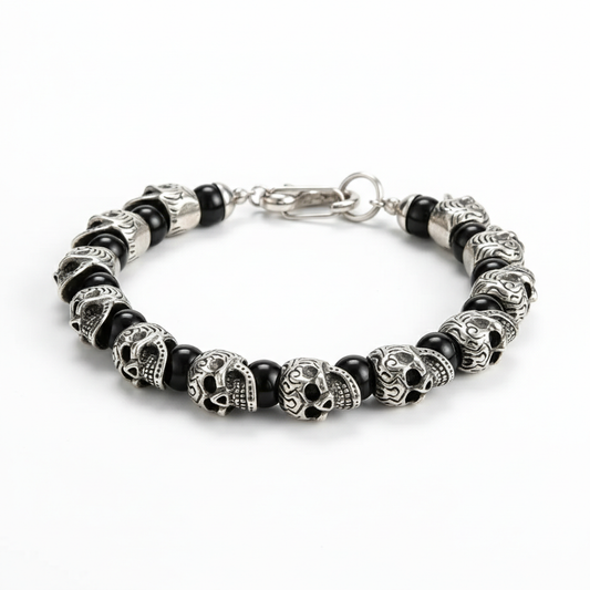 men's skull bead stainless steel bracelet with black stones