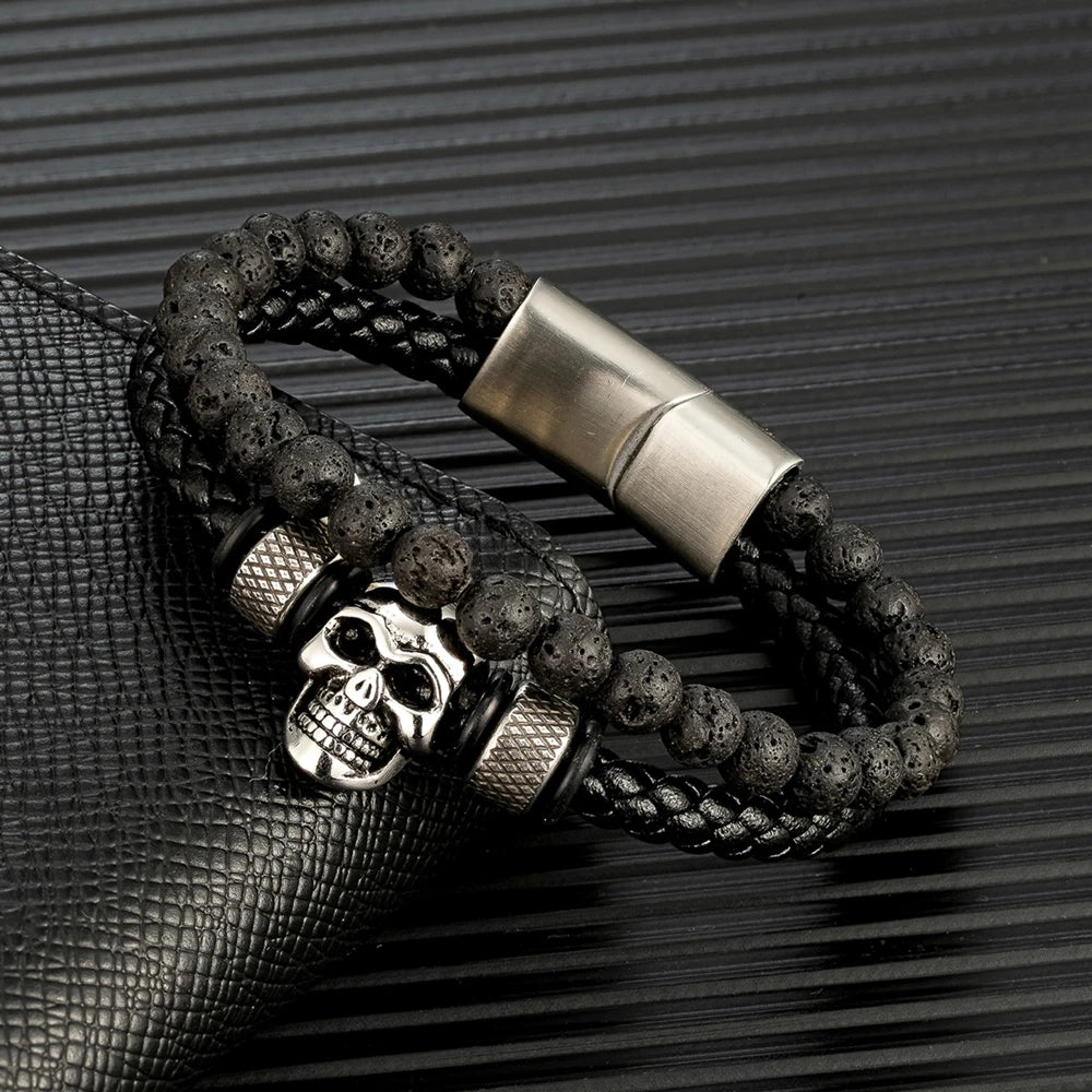 men's multilayer leather bracelet with skull charm and lava beads
