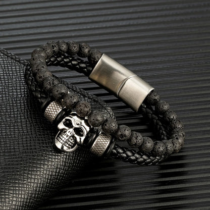 men's multilayer leather bracelet with skull charm and lava beads