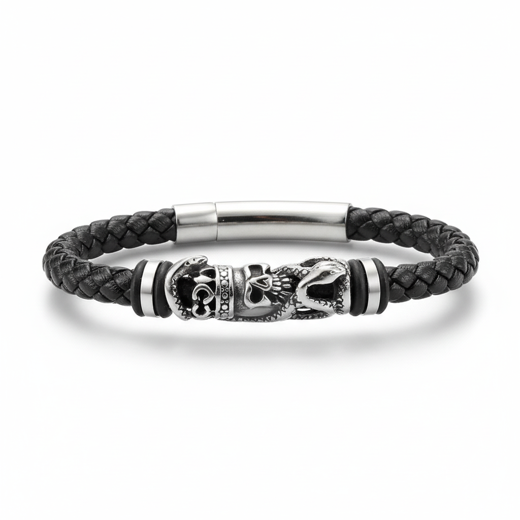 men's skull leather bracelet stainless steel biker style