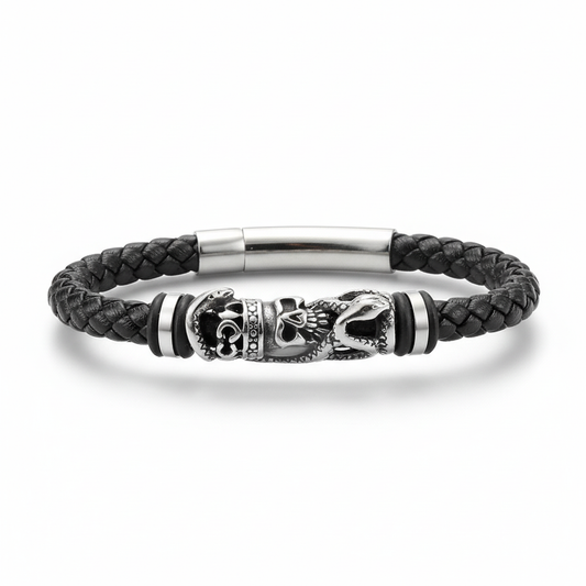 men's skull leather bracelet stainless steel biker style