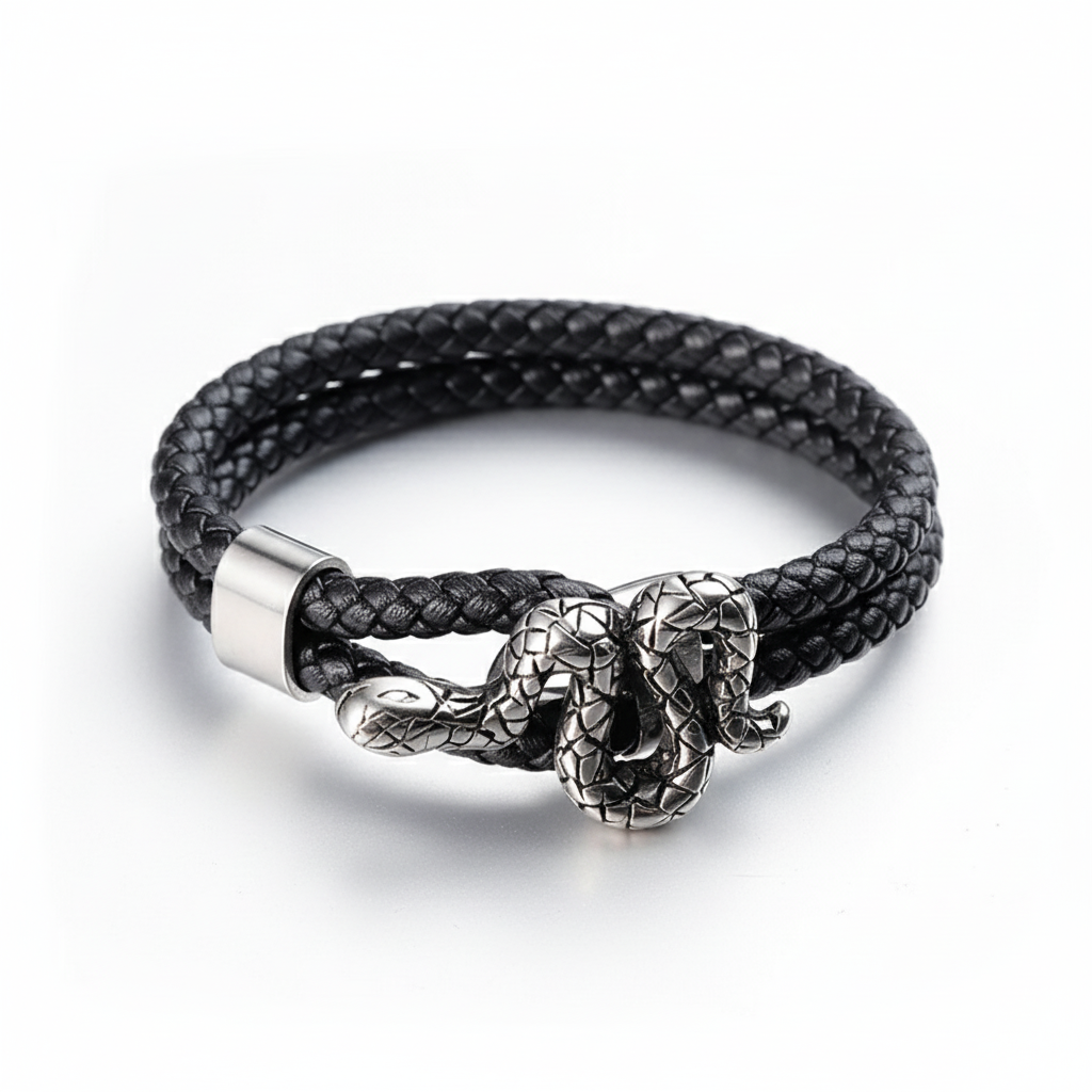men's black braided leather bracelet with snake design and magnetic clasp