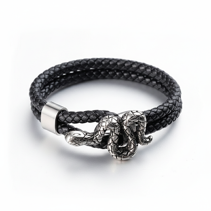 men's black braided leather bracelet with snake design and magnetic clasp