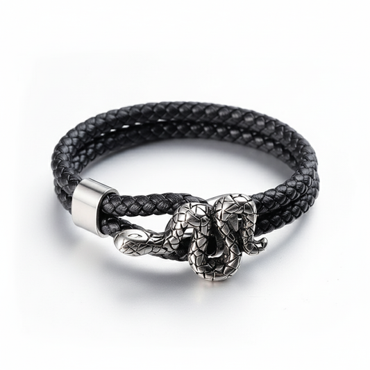 men's black braided leather bracelet with snake design and magnetic clasp