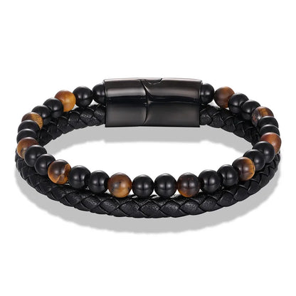 men's stacked tiger eye beaded leather bracelet