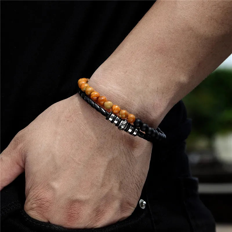 men's stacked bracelet with natural stone beads and black braided leather