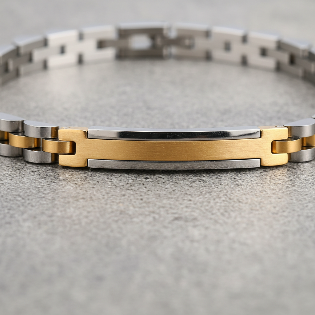 men's stainless steel ID chain bracelet gold accent