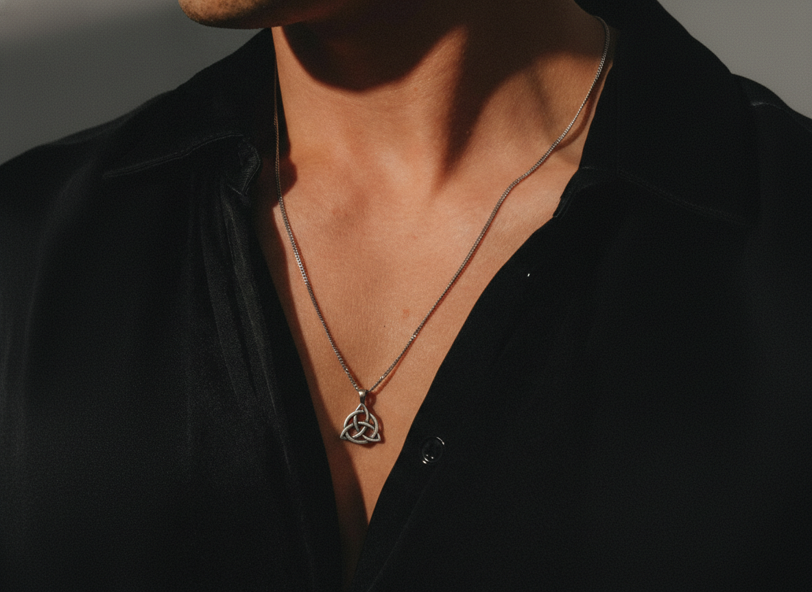 Men’s minimalist sterling silver triquetra pendant necklace with Celtic knot symbolism, modern edgy luxury accessory by AEXON SMITH worn on chest