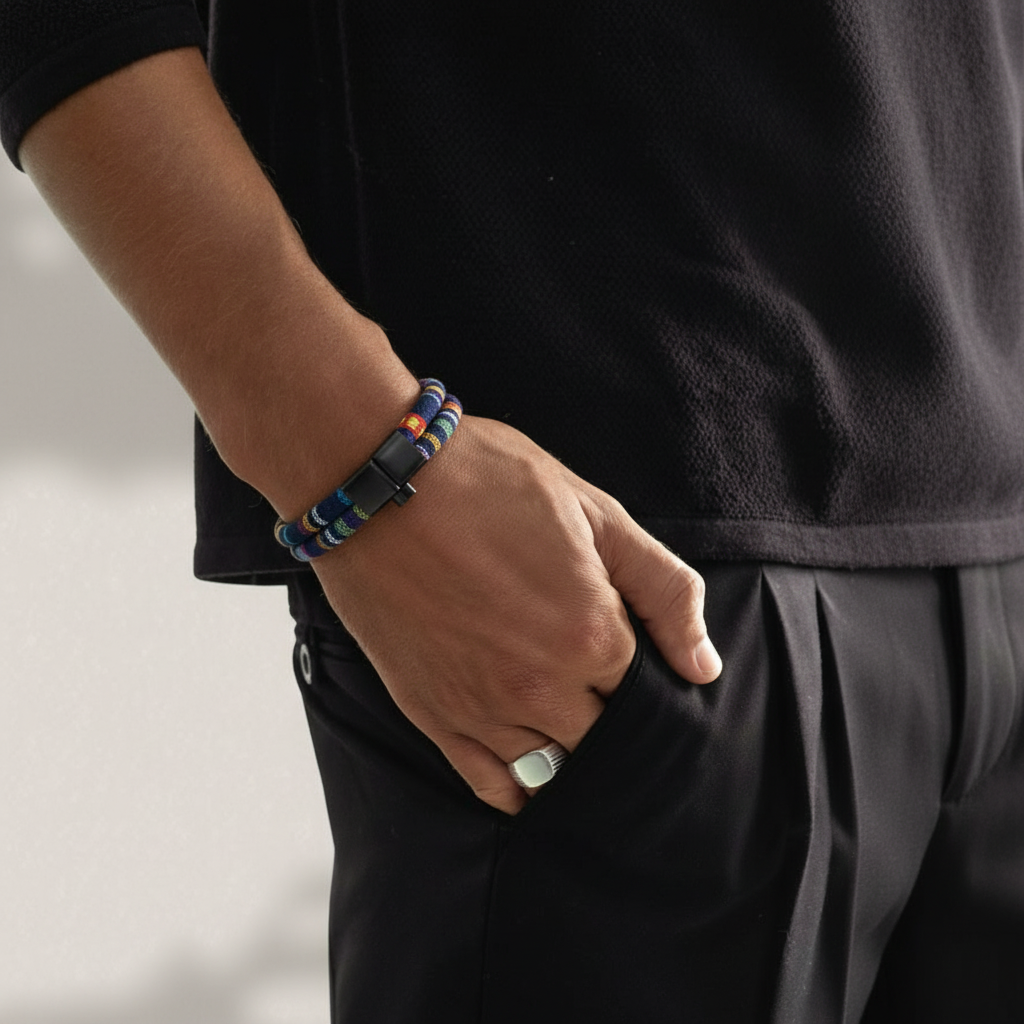 men's multicolor woven rope bracelet boho style on wrist