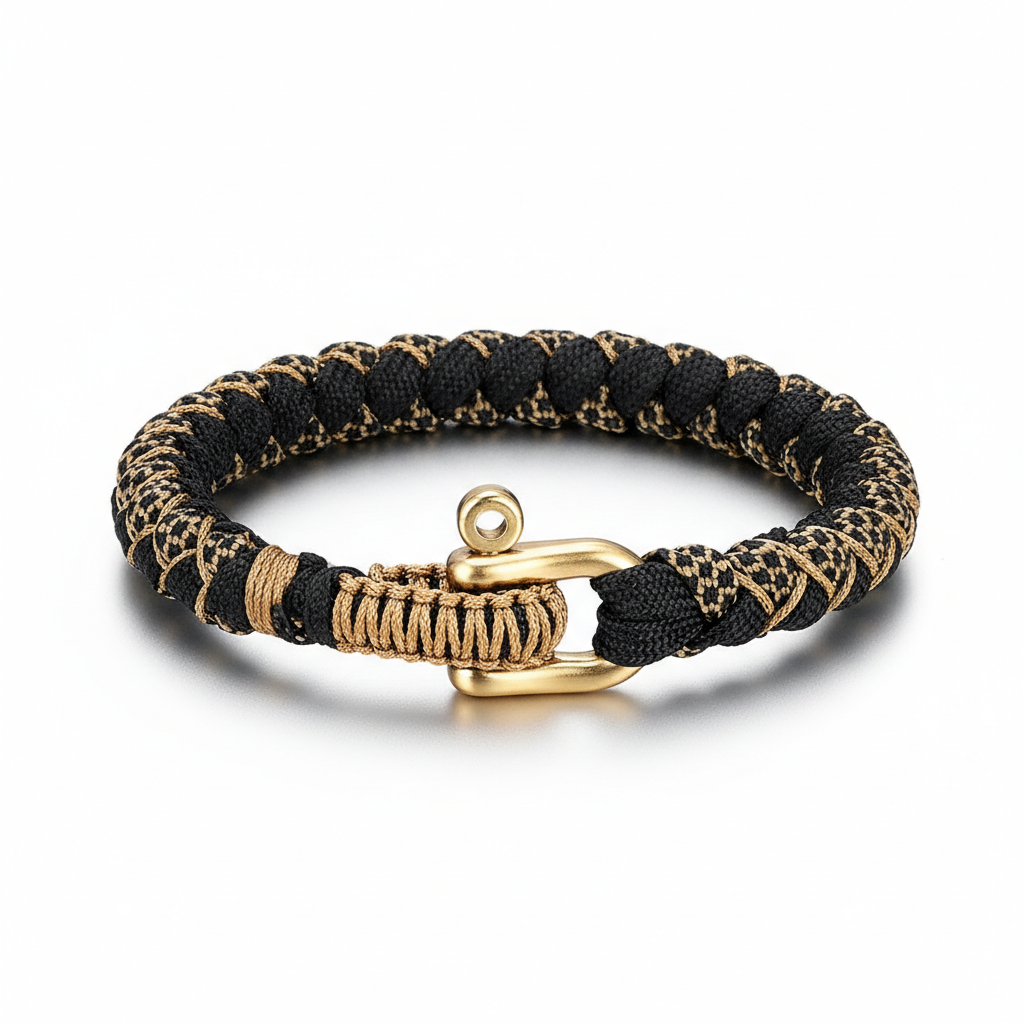 men's tactical black and gold paracord  bracelet with brass shackle clasp
