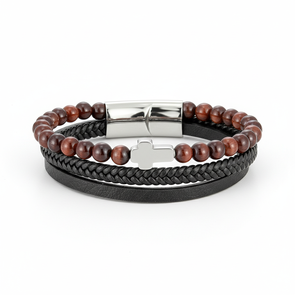 men's tiger eye cross bracelet with braided leather and natural stone beads