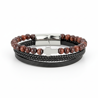 men's tiger eye cross bracelet with braided leather and natural stone beads