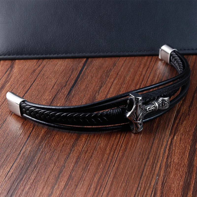 men's leather bracelet with viking thor hammer design