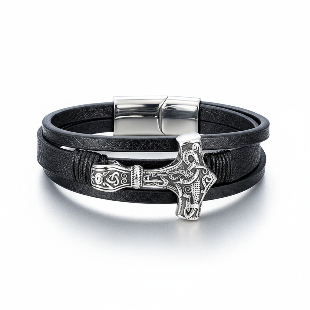 men's viking mjolnir braided leather bracelet with thor hammer pendant