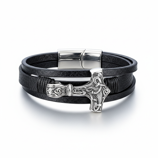 men's viking mjolnir braided leather bracelet with thor hammer pendant