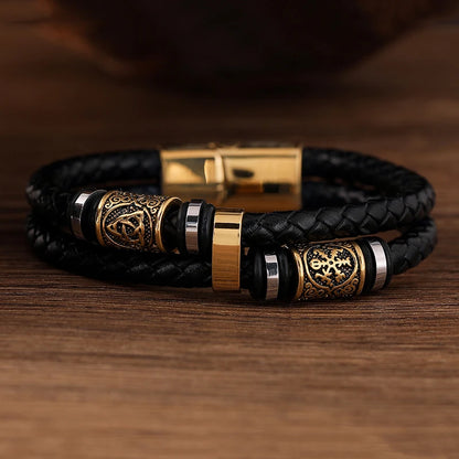 men's viking rune bracelet with braided leather strap