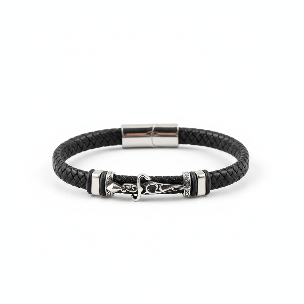 men's viking sword braided leather bracelet with stainless steel clasp
