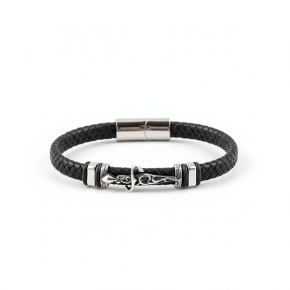 men's viking sword braided leather bracelet with stainless steel clasp