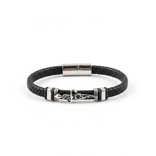 men's viking sword braided leather bracelet with stainless steel clasp