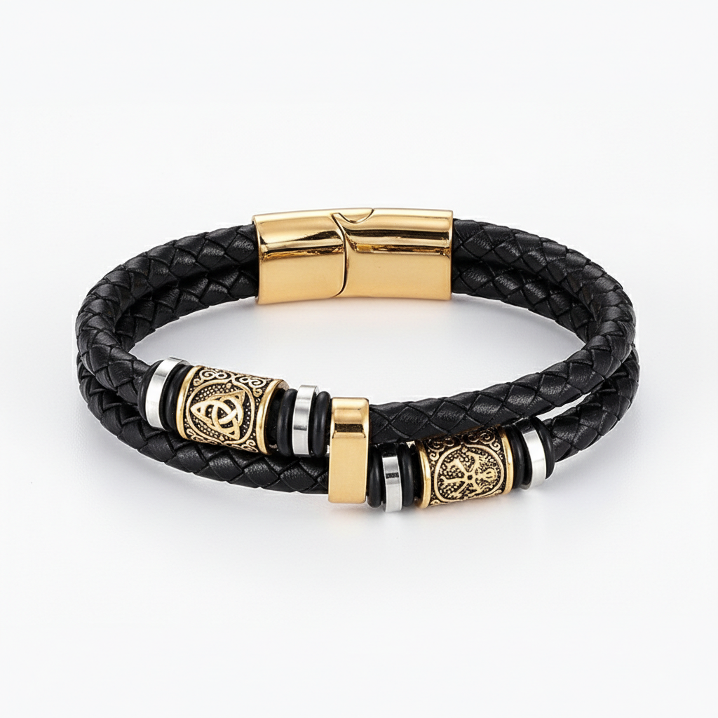 men's viking vegvisir rune leather bracelet with braided leather band