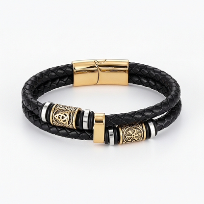 men's viking vegvisir rune leather bracelet with braided leather band