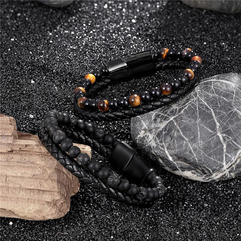 men's volcanic lava stone bead bracelets leather