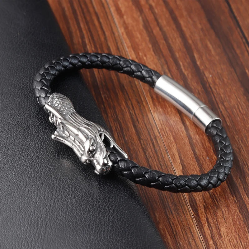 men's warrior style leather bracelet with dragon symbol