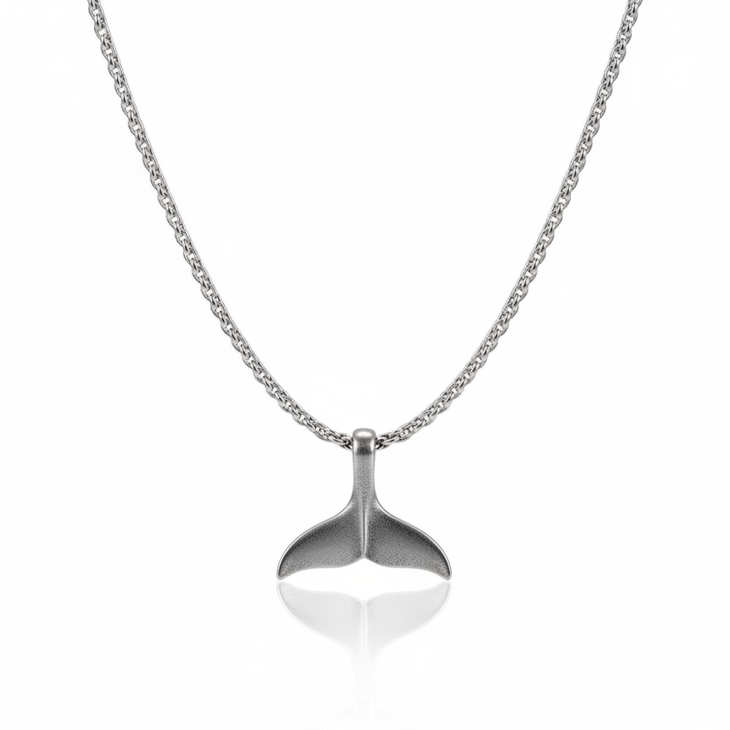 Men’s stainless steel whale tail pendant necklace with silver finish