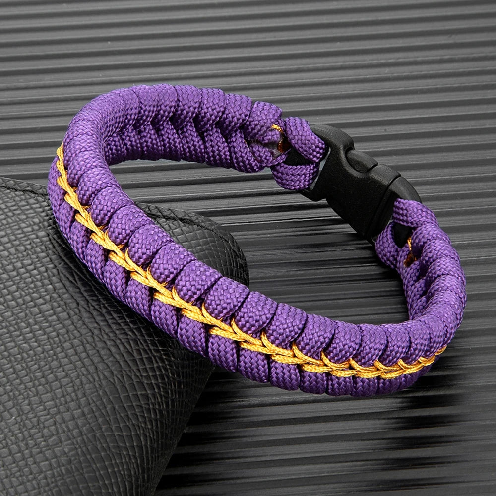 military style paracord bracelet with purple and gold braided cord