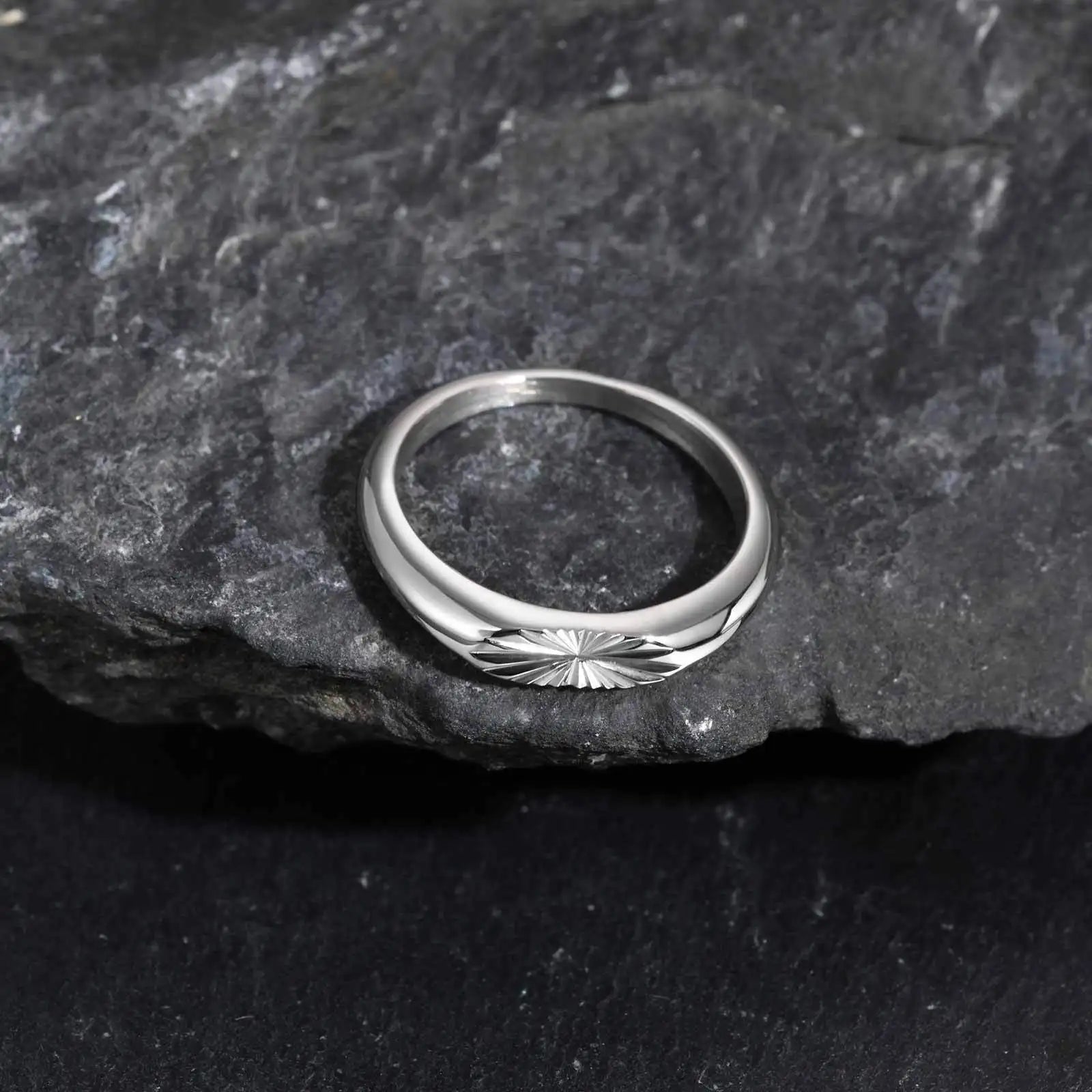 Minimalist engraved signet ring stainless steel silver jewelry