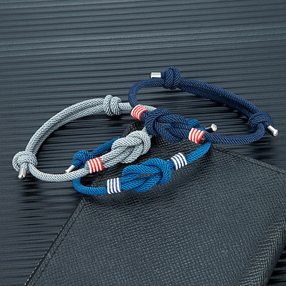 three minimalist knot bracelet in blue, dark blue and grey color for men with braided cord