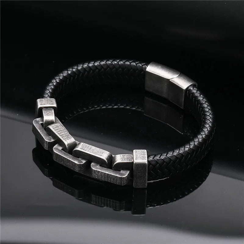 minimalist men's leather bracelet with metal chain detail