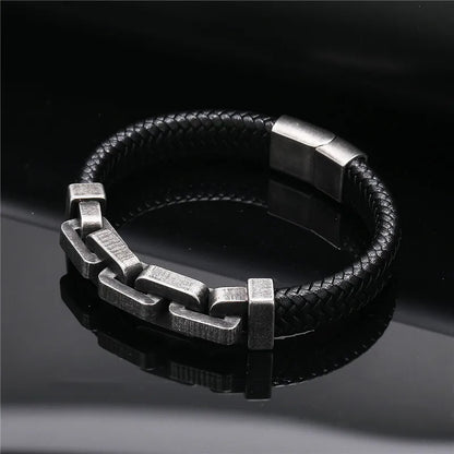 minimalist men's leather bracelet with metal chain detail