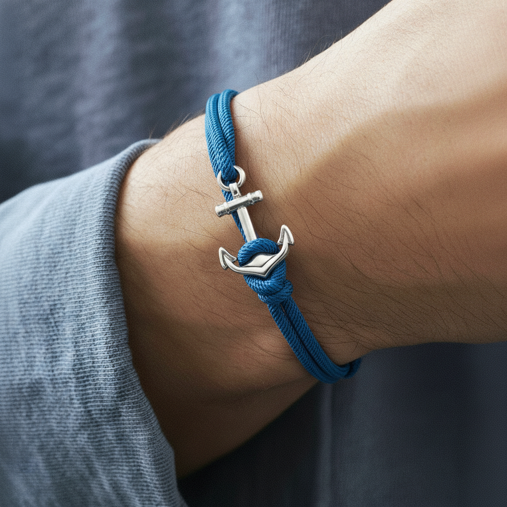 minimalist anchor bracelet for men with blue rope cord on wrist
