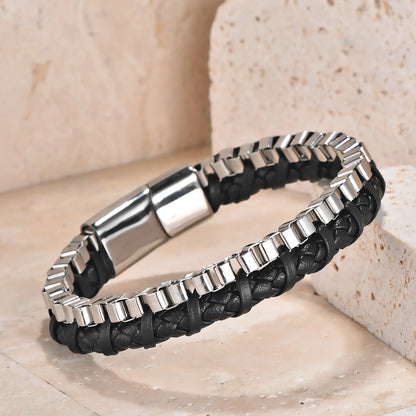minimalist men's leather bracelet with stainless steel chain