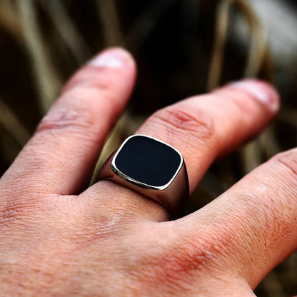 Minimalist black onyx signet ring stainless steel design